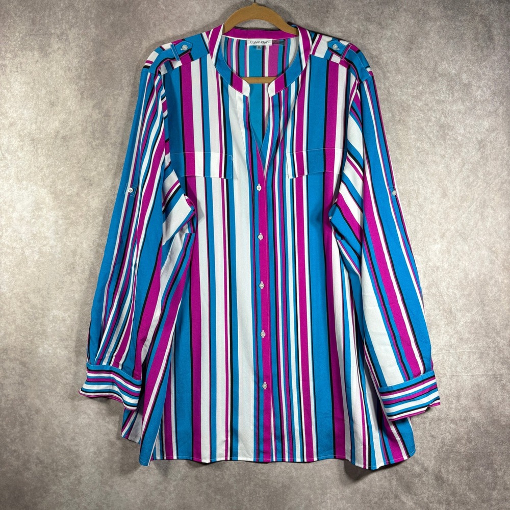 Calvin Klein Button Up Blouse Womens 3X‎ Blue Striped Roll Tab Sleeve 3X